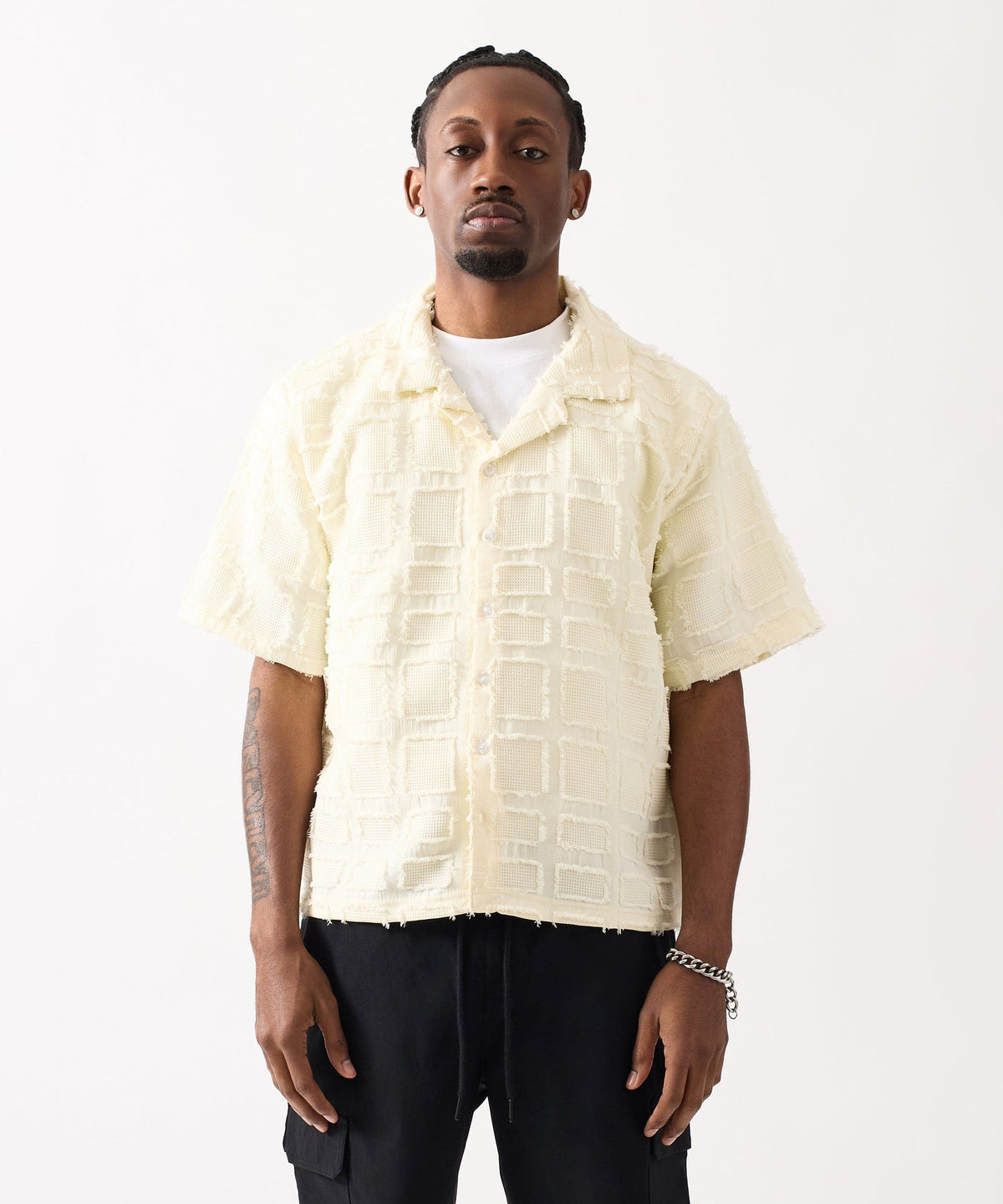 Reason Clothing Featured | Textured Blocked Button Down Shirt - Cream
