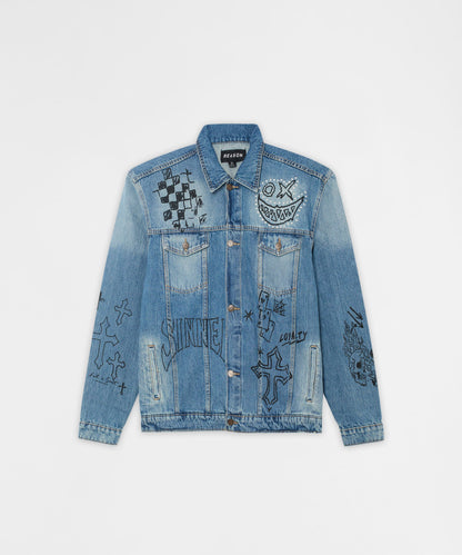 Reason Clothing Essential | Stenciled Sinners Denim Jacket - Light Blue