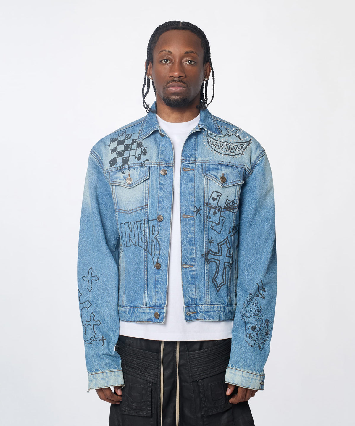 Reason Clothing Essential | Stenciled Sinners Denim Jacket - Light Blue