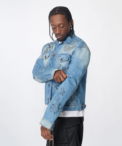 Reason Clothing Essential | Stenciled Sinners Denim Jacket - Light Blue