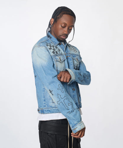 Reason Clothing Essential | Stenciled Sinners Denim Jacket - Light Blue