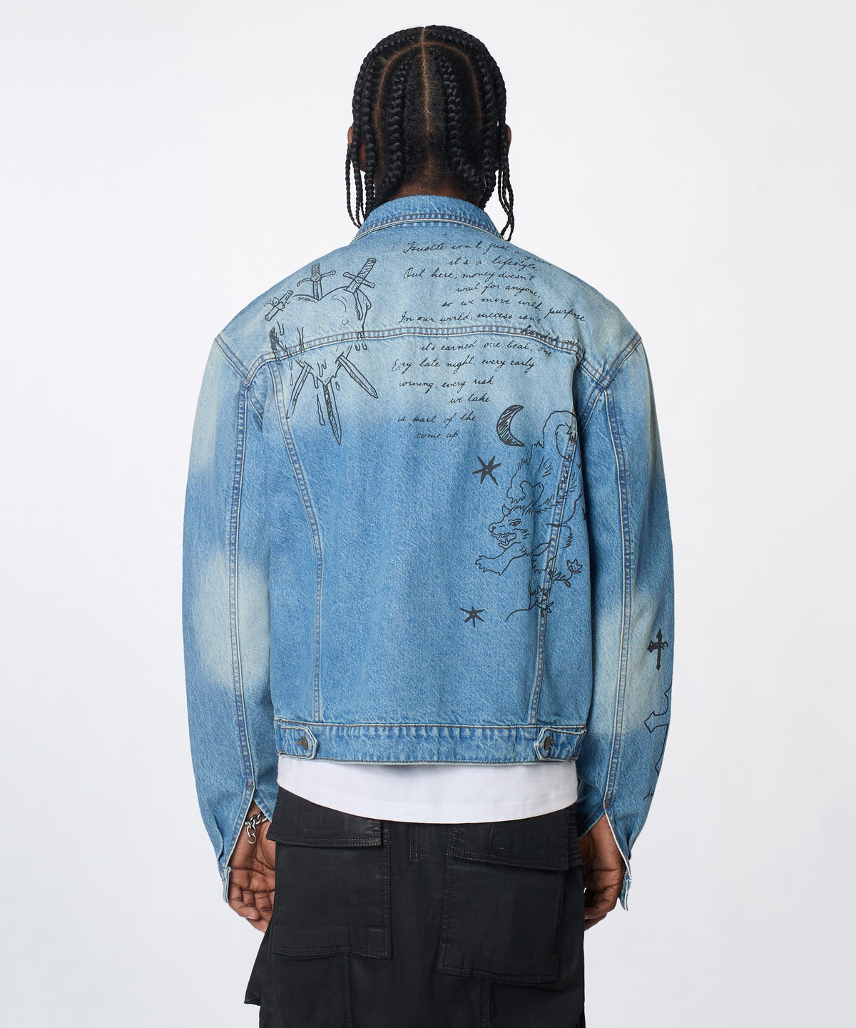 Reason Clothing Essential | Stenciled Sinners Denim Jacket - Light Blue