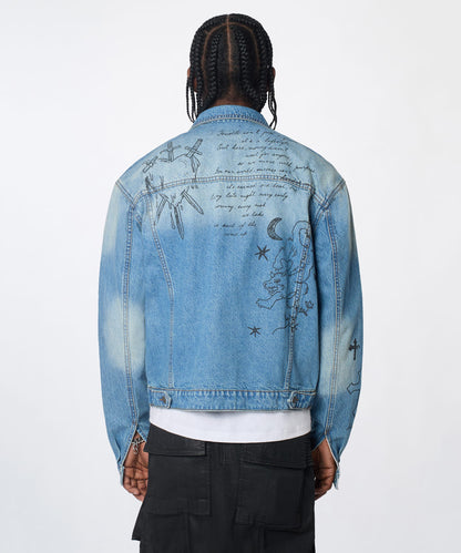 Reason Clothing Essential | Stenciled Sinners Denim Jacket - Light Blue