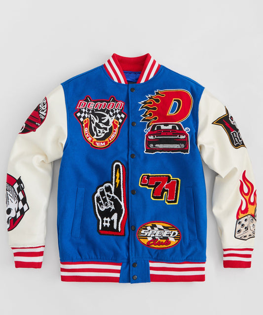 Reason Clothing Essential | Dodge Demon Rebel Embroidered Varsity Jacket Pu - Blue