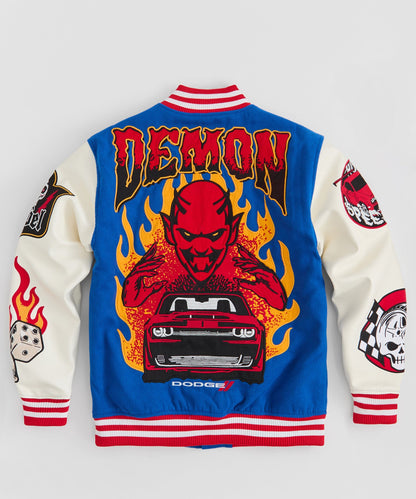 Reason Clothing Essential | Dodge Demon Rebel Embroidered Varsity Jacket Pu - Blue