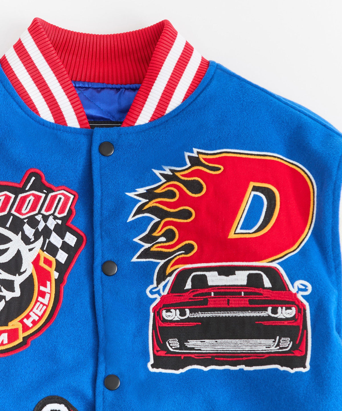 Reason Clothing Essential | Dodge Demon Rebel Embroidered Varsity Jacket Pu - Blue